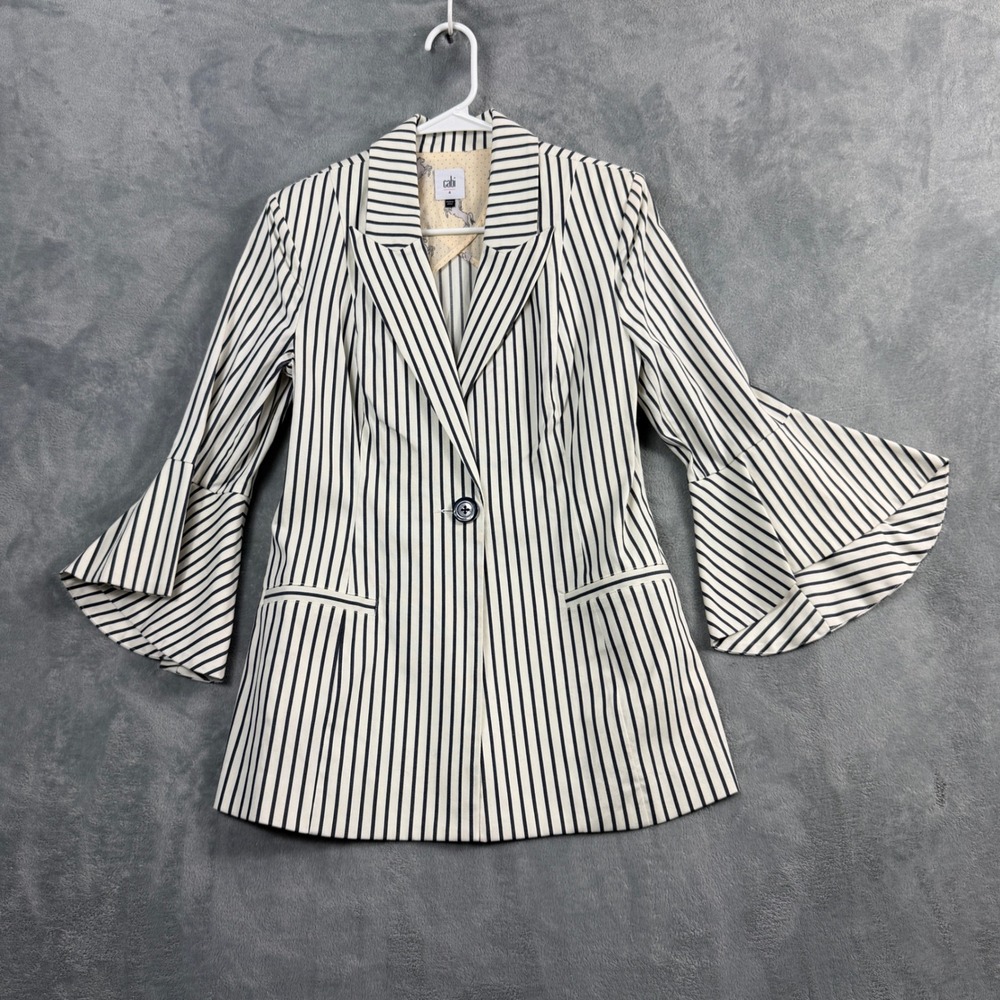 Cabi Womens 4 Navy White Striped Blazer Flutter Ruffle Sleeve Office Siren Horse